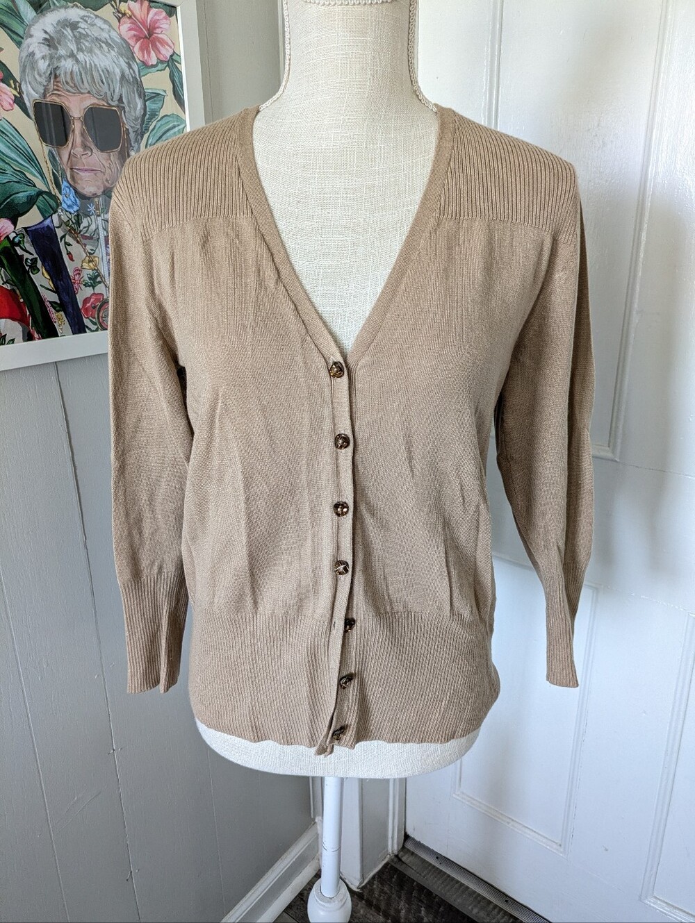 Apostrophe Cardigan Tan V Neck Button Front Soft Minimalist Capsule Neutral S